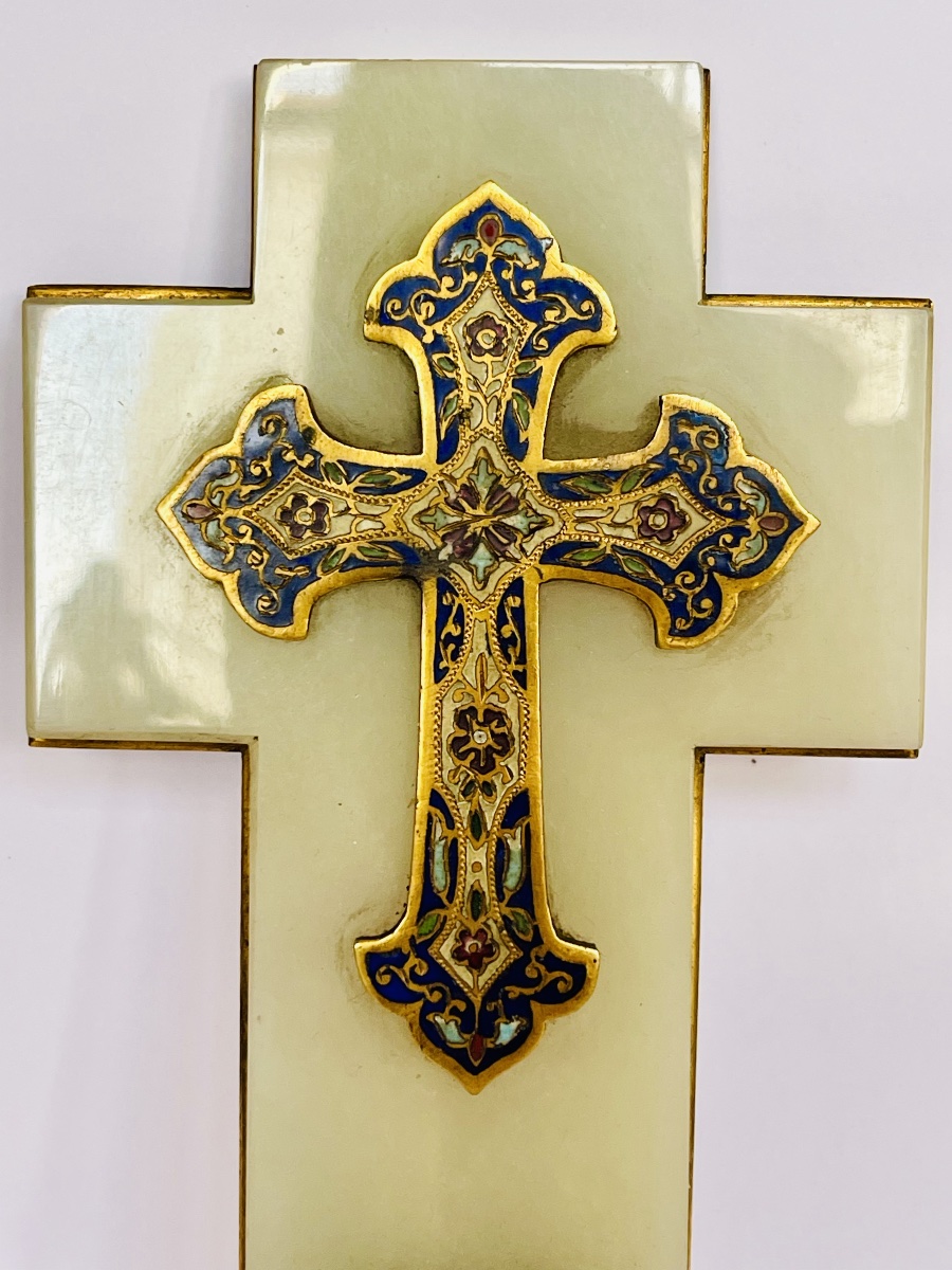 Bronze Cloisonné, Onyx, And Brass Holy Water Font -photo-3